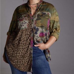 Anthropologie Pilcro Blouse Top Leopard with Floral Print Medium Petite NWT